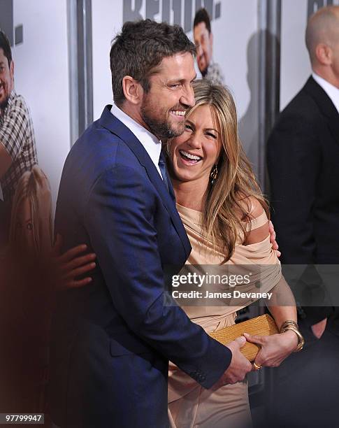 Gerard Butler and Jennifer Aniston attend the premiere of "The Bounty Hunter" at Ziegfeld Theatre on March 16, 2010 in New York, New York City.