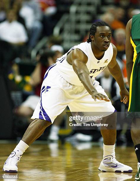 Martavious Irving of the Kansas State Wildcats defends against the Baylor Bears during the semifinals of the 2010 Phillips 66 Big 12 Men's Basketball...