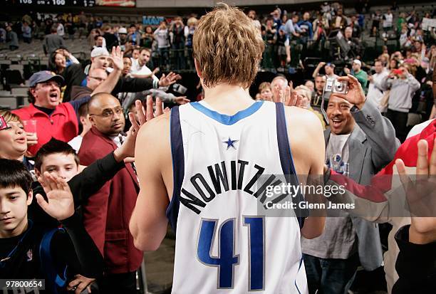 Dirk Nowitzki of the Dallas Mavericks walks off the court after the game against the New Orleans Hornets at the American Airlines Center on February...