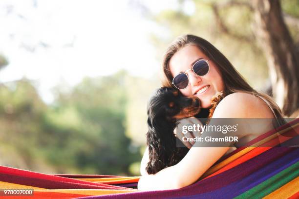 young female dog is camping with - female dog stock pictures, royalty-free photos & images