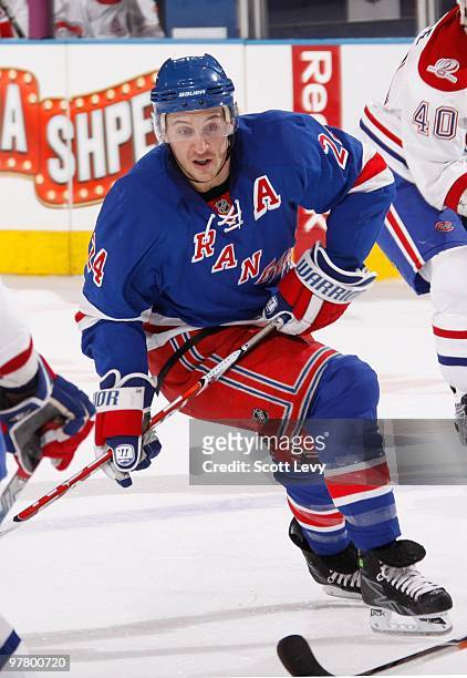 Ryan Callahan of the New York Rangers skates against the Montreal Canadiens in the second period on March 16, 2010 at Madison Square Garden in New...