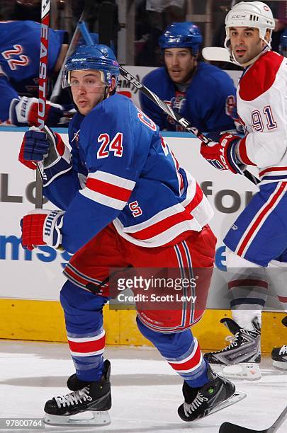 Ryan Callahan of the New York Rangers skates against the Montreal Canadiens in the second period on March 16, 2010 at Madison Square Garden in New...