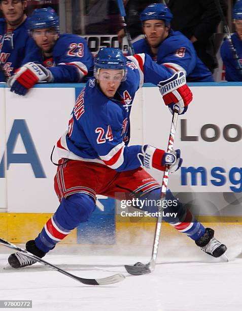 Ryan Callahan of the New York Rangers skates with the puck against the Montreal Canadiens on March 16, 2010 at Madison Square Garden in New York...