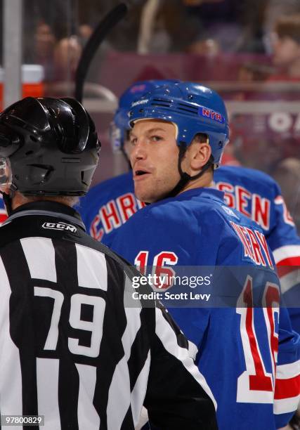 Sean Avery of the New York Rangers looks back at the linesman after scoring a goal against the Montreal Canadiens on March 16, 2010 at Madison Square...