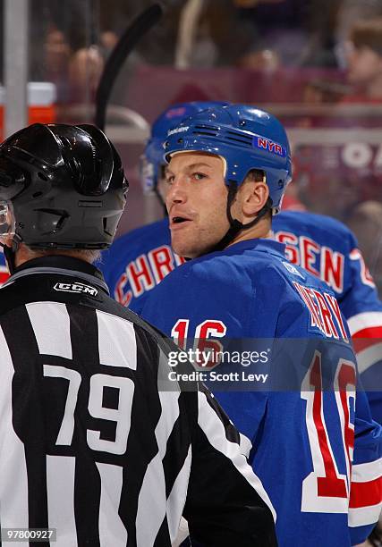 Sean Avery of the New York Rangers looks back at the linesman after scoring a goal against the Montreal Canadiens on March 16, 2010 at Madison Square...