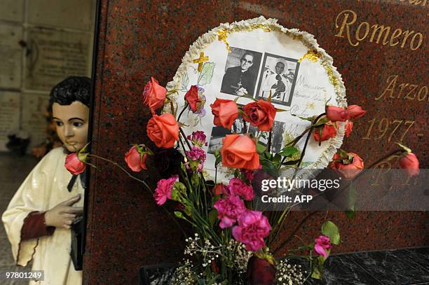 Flowers on the mausoleum of Mons. Oscar Arnulfo Romero at San Salvador's cathedral on March 17 ahead of the commemoration of the 30th anniversary of...