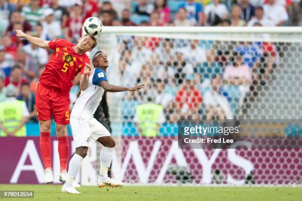 Jan Vertonghen of Belgium and Blas Perez of Panama battle for the header during the 2018 FIFA World Cup Russia group G match between Belgium and...