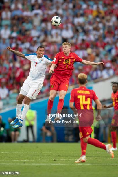 Blas Perez of Panama and Kevin De Bruyne of Belgium battle for the ball during the 2018 FIFA World Cup Russia group G match between Belgium and...