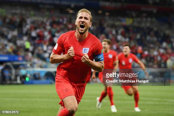 Harry Kane of England celebrates after scoring his team's second goal during the 2018 FIFA World Cup Russia group G match between Tunisia and England...