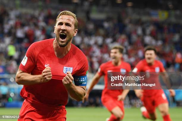 Harry Kane of England celebrates after scoring his team's second goal during the 2018 FIFA World Cup Russia group G match between Tunisia and England...