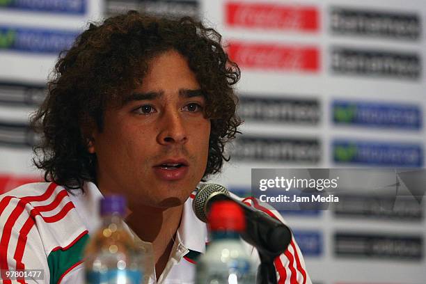 Mexico National team's player Guillermo Ochoa speaks during a press conference at Mexican Football Territorio Santos modelo on March 16, 2010 in...