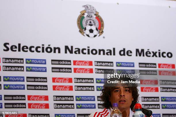 Mexico National team's player Guillermo Ochoa speaks during a press conference at Mexican Football Territorio Santos modelo on March 16, 2010 in...