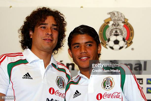 Mexico National team's players Guillermo Ochoa and Jonathan Dos Santos during a press conference at Mexican Football Territorio Santos modelo on...