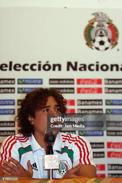 Mexico National team's player Guillermo Ochoa speaks during a press conference at Mexican Football Territorio Santos modelo on March 16, 2010 in...