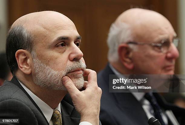 Federal Reserve Board Chairman Ben Bernanke and Paul Volcker, Chairman of the President's Economic Recovery Advisory Board, participate in a House...