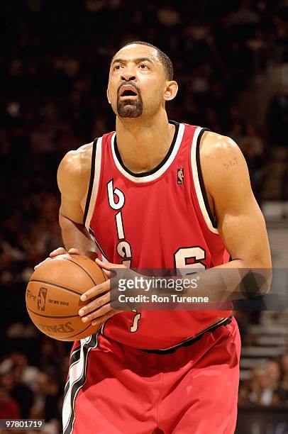 Juwan Howard of the Portland Trail Blazers shoots a free throw against the Toronto Raptors during the game on February 24, 2010 at Air Canada Centre...