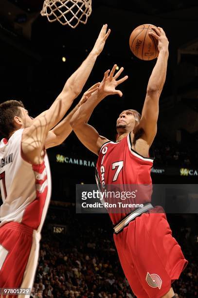 Brandon Roy of the Portland Trail Blazers goes to the basket against Andrea Bargnani of the Toronto Raptors during the game on February 24, 2010 at...