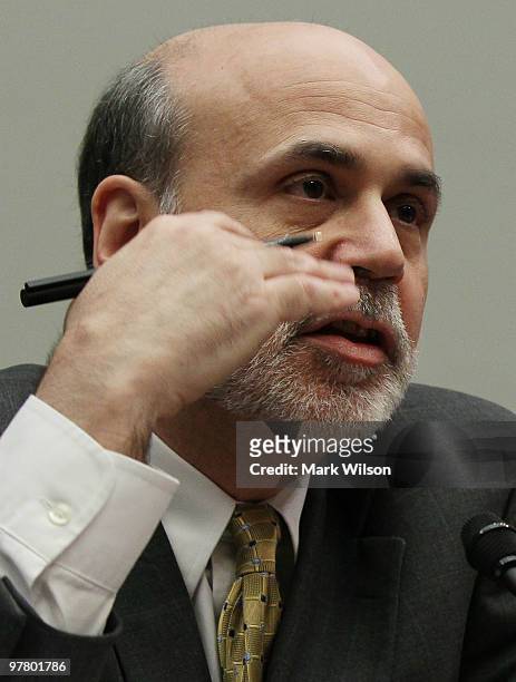 Federal Reserve Board Chairman Ben Bernanke testifies during a House Financial Services Committee hearing on Capitol Hill on March 17, 2010 in...