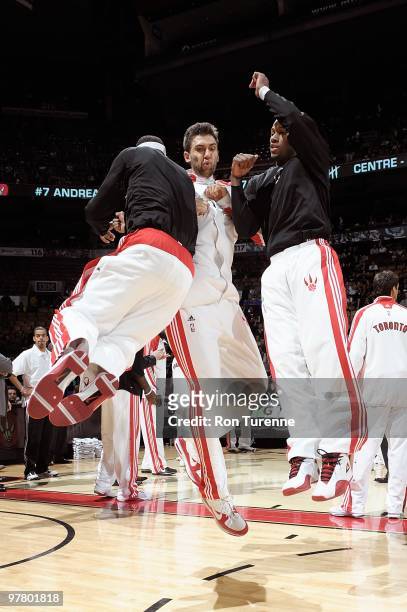 Andrea Bargnani of the Toronto Raptors is introduced before the game against the Portland Trail Blazers on February 24, 2010 at Air Canada Centre in...
