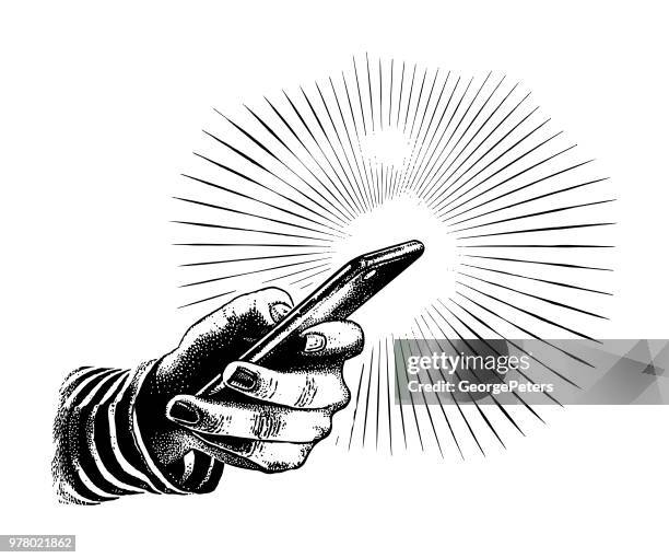 ilustraciones, imágenes clip art, dibujos animados e iconos de stock de cerca de la mano que sostiene el teléfono inteligente - woman talking cellphone