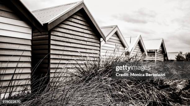 bathing boxes at brighton beach - bertolazzi photos et images de collection