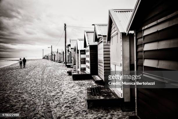 bathing boxes at brighton beach - bertolazzi stock-fotos und bilder