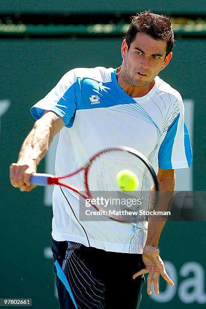 Guillermo Garcia-Lopez of Spain Juan Monaco of Argentina during the BNP Paribas Open on March 17, 2010 at the Indian Wells Tennis Garden in Indian...