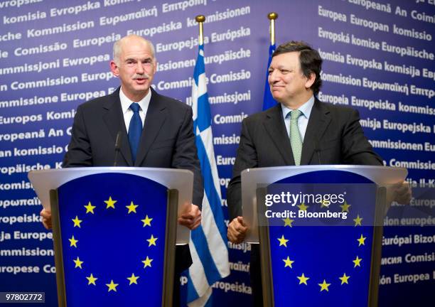 George Papandreou, Greece's prime minister, left, and Jose Manuel Barroso, president of the European Commission, hold a news conference at the...