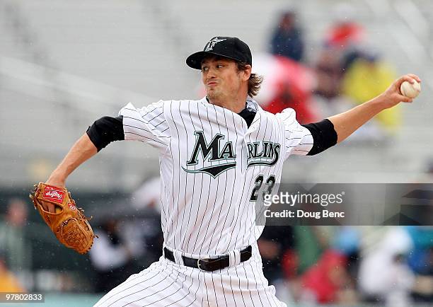 Starting pitcher Andrew Miller of the Florida Marlins pitches against the Atlanta Braves at Roger Dean Stadium on March 17, 2010 in Jupiter, Florida.