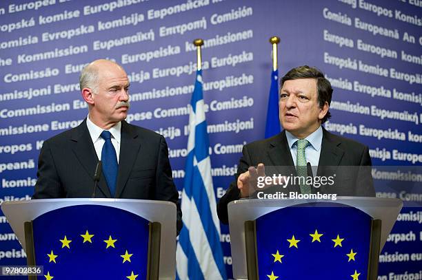 George Papandreou, Greece's prime minister, left, and Jose Manuel Barroso, president of the European Commission, hold a news conference at the...