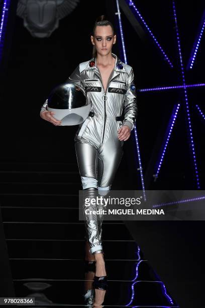 Model presents a creation by Frankie Morello fashion house during the men and women's spring/summer 2019 collection fashion show in Milan, on June...