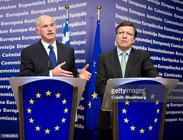 George Papandreou, Greece's prime minister, left, and Jose Manuel Barroso, president of the European Commission, hold a news conference at the...