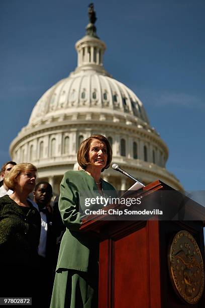 Speaker of the House Nancy Pelosi delivers brief remarks about the health care reform bill's benefits for university and college students with Rep....