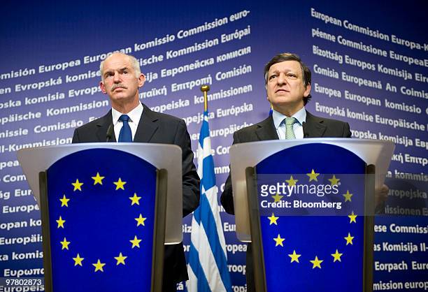 George Papandreou, Greece's prime minister, left, and Jose Manuel Barroso, president of the European Commission, hold a news conference at the...