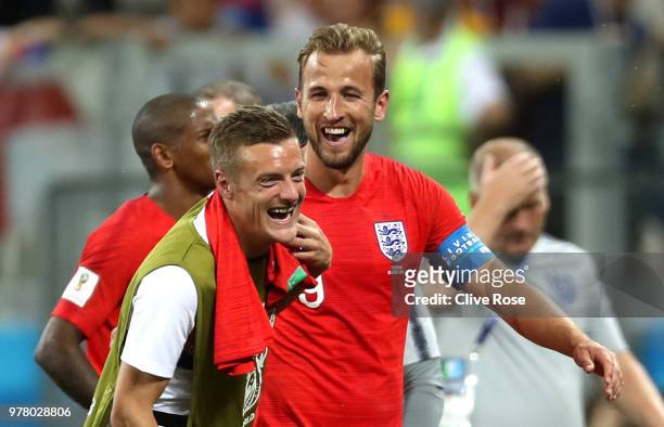 Jamie Vardy and Harry Kane of England celebrate following the 2018 FIFA World Cup Russia group G match between Tunisia and England at Volgograd Arena...