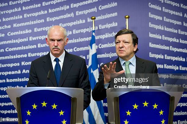 George Papandreou, Greece's prime minister, left, and Jose Manuel Barroso, president of the European Commission, hold a news conference at the...