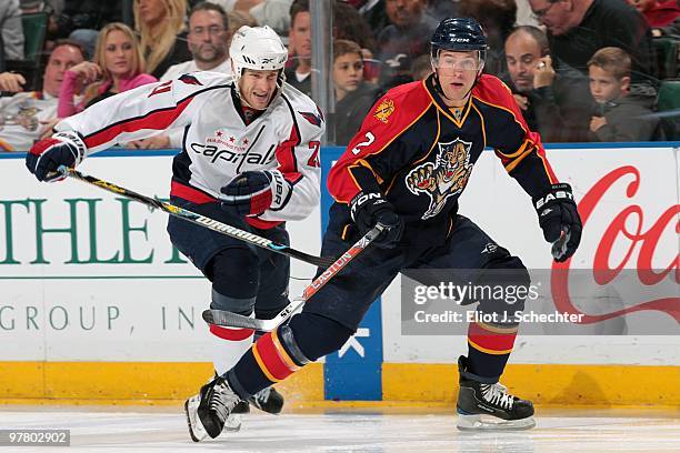 Keith Ballard of the Florida Panthers skates on the ice against Brooks Laich of the Washington Capitals at the BankAtlantic Center on March 16, 2010...