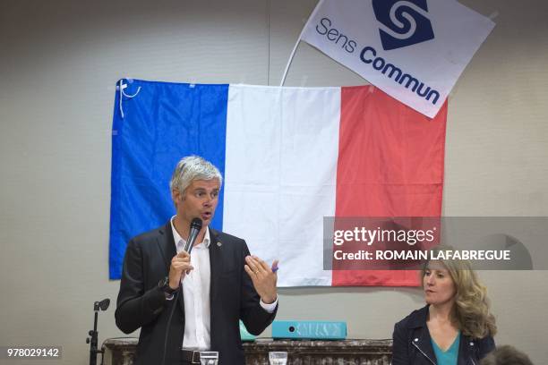 Head of France's right-wing Les Republicains opposition party Laurent Wauquiez gives a speech during a public meeting held by French right-wing...