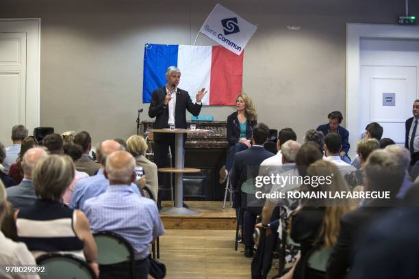 Head of France's right-wing Les Republicains opposition party Laurent Wauquiez gives a speech during a public meeting held by French right-wing...