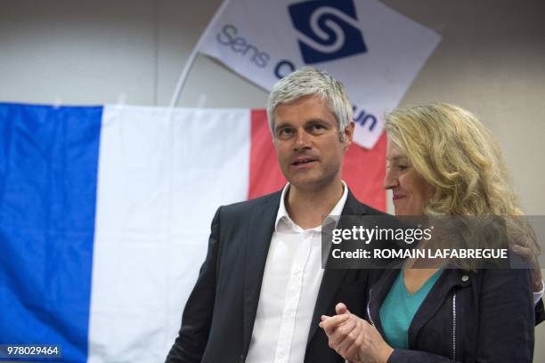 Head of France's right-wing Les Republicains opposition party Laurent Wauquiez attends a public meeting held by French right-wing political movement...