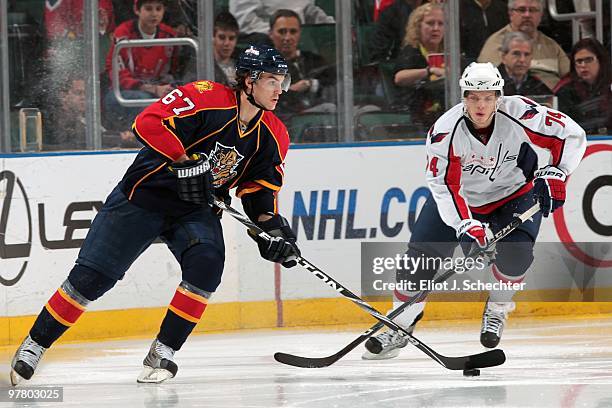 Michael Frolik of the Florida Panthers skates with the puck against John Carlson of the Washington Capitals at the BankAtlantic Center on March 16,...