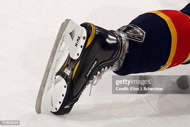 Gregory Campbell of the Florida Panthers stretches on the ice prior to the start of the game against the Washington Capitals at the BankAtlantic...