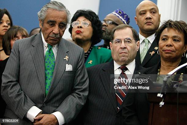 Rep. Charles Rangel , Rep. Diane Watson , Rep. Jerrold Nadler , and Rep. Barbara Lee listen during a news conference on AIDS March 17, 2010 on...