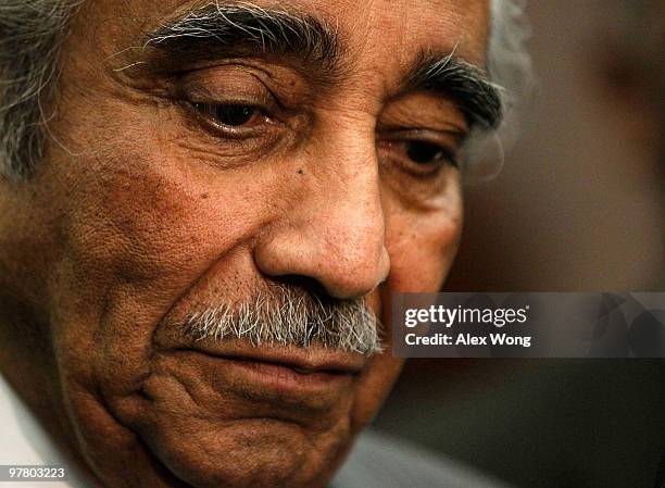 Rep. Charles Rangel listens during a news conference on AIDS March 17, 2010 on Capitol Hill in Washington, DC. About 50 church leaders gathered on...