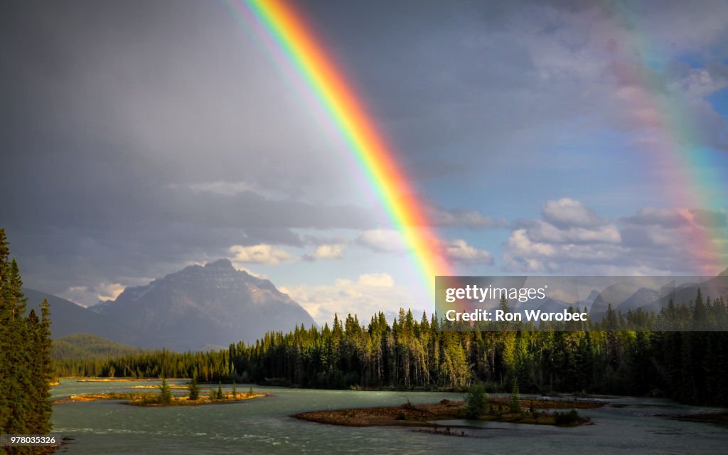 Rainbow over Athabasca River, Athabasca River, Jasper National Park, Canada