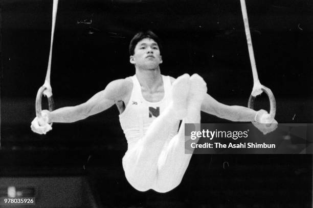 Toshiharu Sato competes in the rings of the Men's All Around during the 42nd All Japan Artistic Gymnastic Championships at Sendai City Gymnasium on...