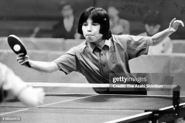 Rika Sato competes in the Women's Singles final against Mika Hoshino during the All Japan Table Tennis Championships at Yoyogi National Gymnasium on...