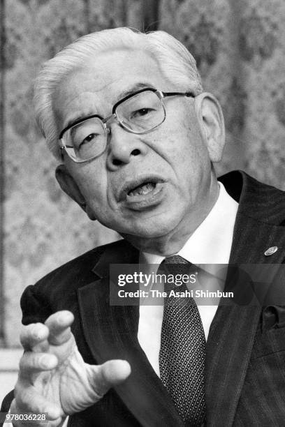 President Tadahiro Sekimoto speaks during the Asahi Shimbun interview at the company headquarters on December 26, 1988 in Tokyo, Japan.