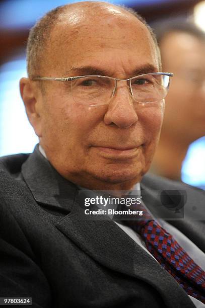Serge Dassault, honorary chairman of Dassault Aviation SA, listens during a news conference near Paris, in Saint-Cloud, France, on Wednesday, March...