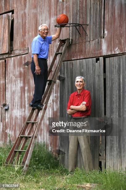 Portrait of former University of Utah teammates Wat Misaka and Arnie Ferrin Jr during photo shoot. The 1944 Utah basketball team, led by Ferrin and...